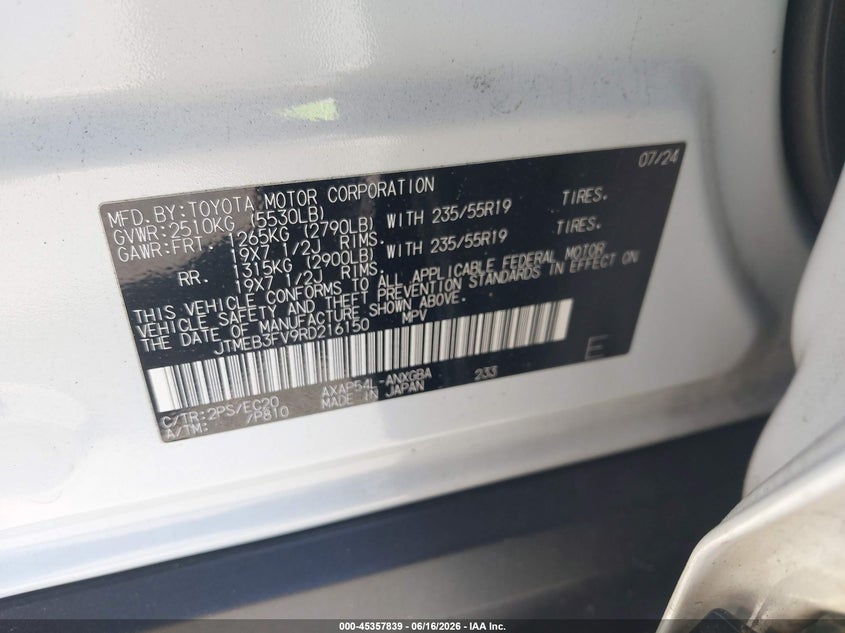 2024 Toyota Rav 4 VIN JTMEB3FV9RD216150 IAAI salvage auction — FRONT & REAR, Salvage Title, sold $13,800 on 2026-07-30 (photo 9)