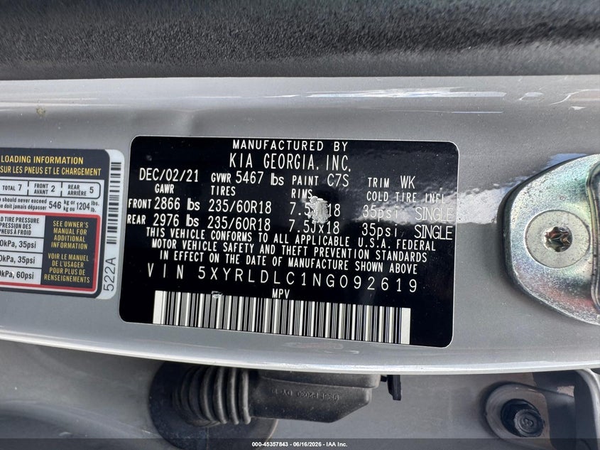 2022 Kia Sorento VIN 5XYRLDLC1NG092619 IAAI salvage auction — UNKNOWN, Salvage (Michigan), sold $8,150 on 2026-07-19 (photo 9)