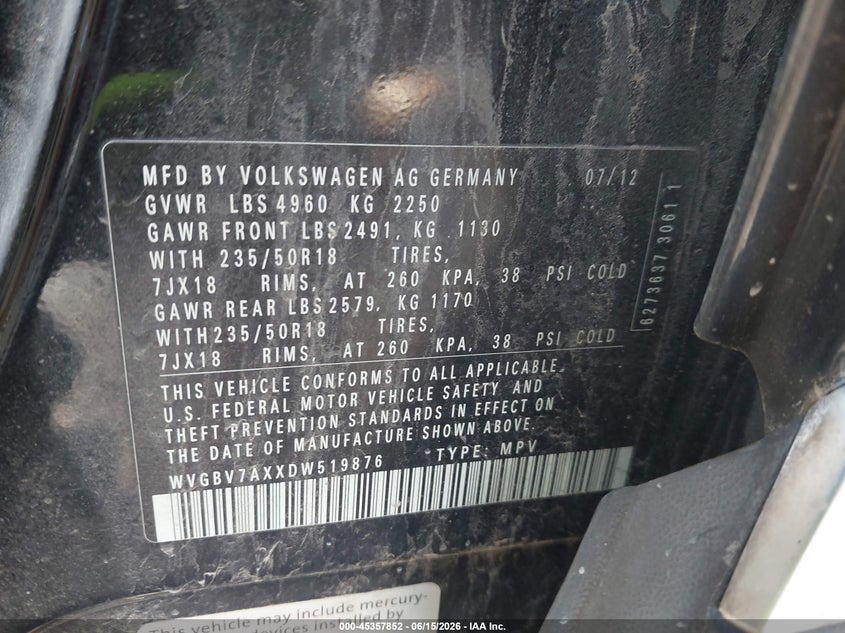 2013 Volkswagen Tiguan VIN WVGBV7AXXDW519876 IAAI salvage auction — NORMAL WEAR, Clear (Virginia), sold $300 on 2026-07-28 (photo 9)
