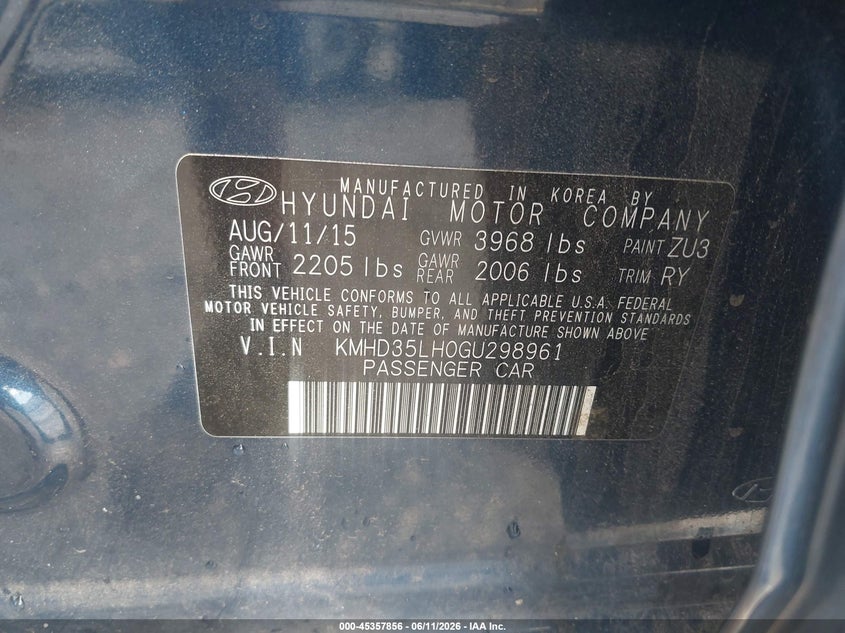 2016 Hyundai VIN KMHD35LH0GU298961 IAAI salvage auction — FRONT END, Rebuildable (Florida), sold $2,025 on 2026-07-07 (photo 9)