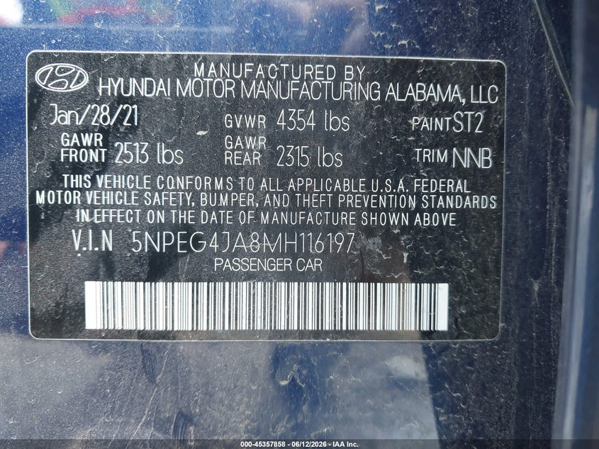 2021 Hyundai Sonata VIN 5NPEG4JA8MH116197 IAAI salvage auction — FRONT END, Salvage Title, sold $1,250 on 2026-07-30 (photo 9)
