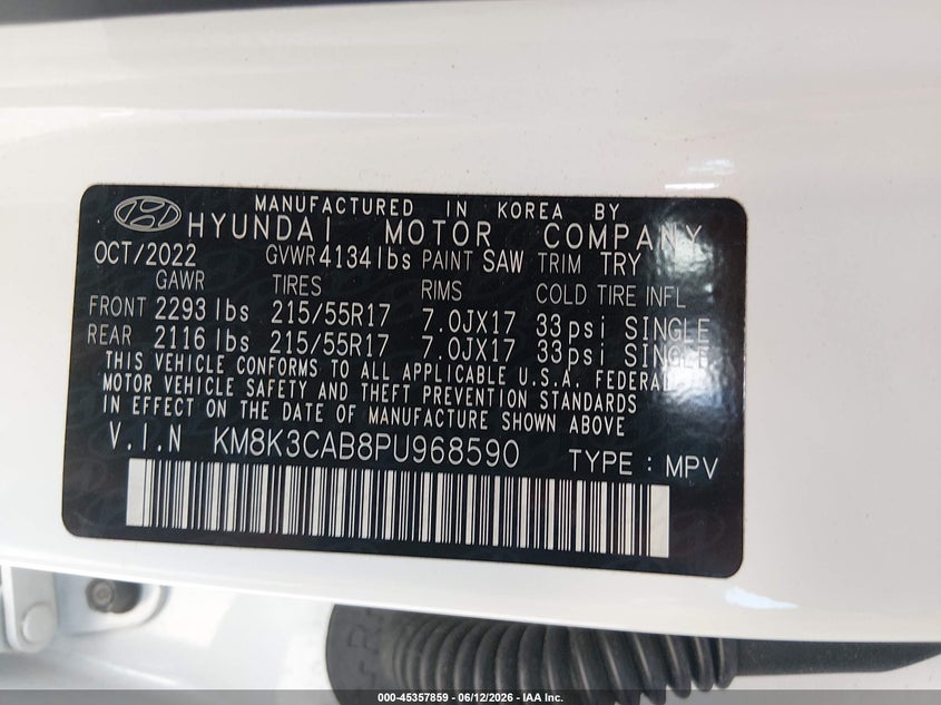2023 Hyundai Kona VIN KM8K3CAB8PU968590 IAAI salvage auction — UNDERCARRIAGE, Salvage Title, sold $5,800 on 2026-07-24 (photo 9)