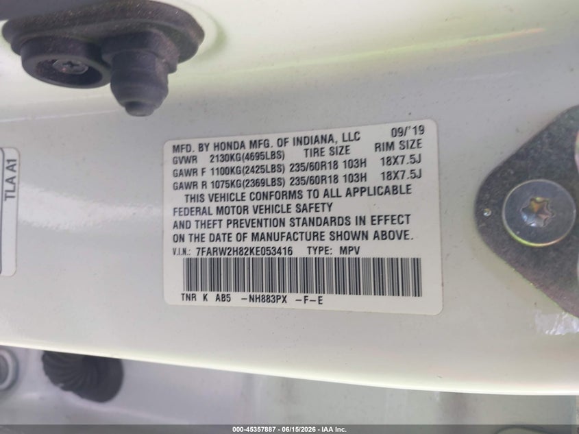 2019 Honda Cr-v VIN 7FARW2H82KE053416 IAAI salvage auction — RIGHT SIDE, Salvage Title, sold $6,100 on 2026-07-23 (photo 9)