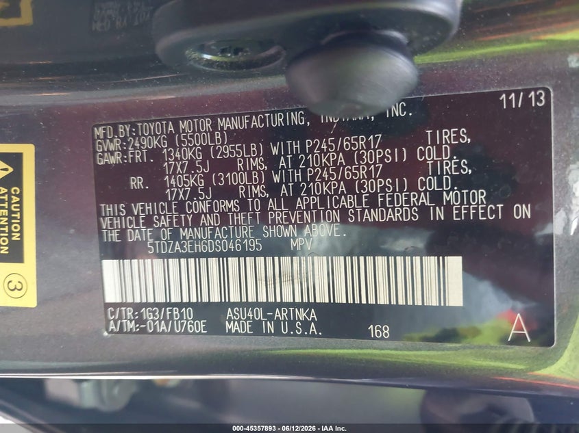 2013 Toyota Highlander VIN 5TDZA3EH6DS046195 IAAI salvage auction — FRONT END, Salvage (Alabama), sold $2,325 on 2026-07-15 (photo 9)