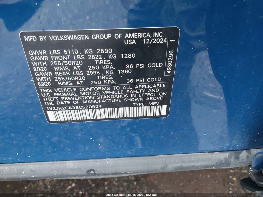 2025 Volkswagen Atlas VIN 1V2JR2CA4SC520924 IAAI salvage auction — LEFT FRONT, Salvage (Texas), sold $9,100 on 2026-07-29 (photo 9)