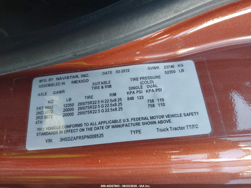 2023 International VIN 3HSDZAPR5PN008525 IAAI salvage auction — MECHANICAL, Salvage Title, sold $30,500 on 2026-08-05 (photo 9)