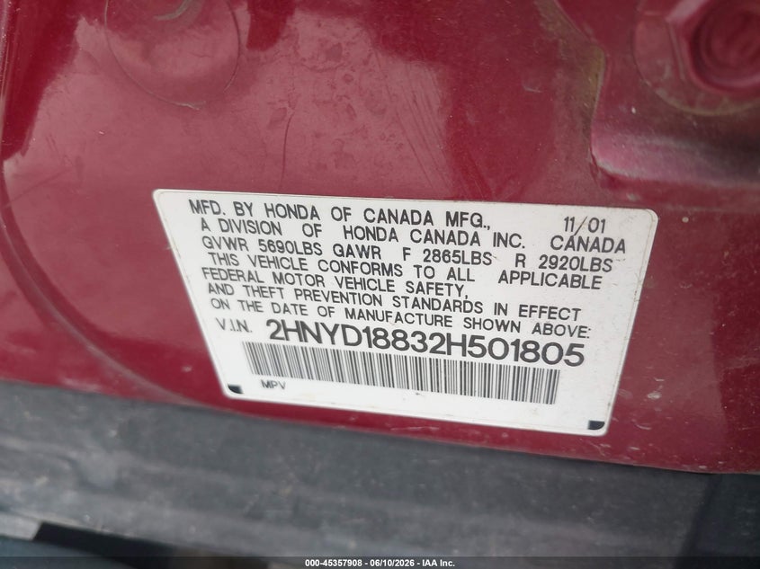 2002 Acura Mdx VIN 2HNYD18832H501805 IAAI salvage auction — FRONT END, Rebuildable (Florida), sold $350 on 2026-07-09 (photo 9)