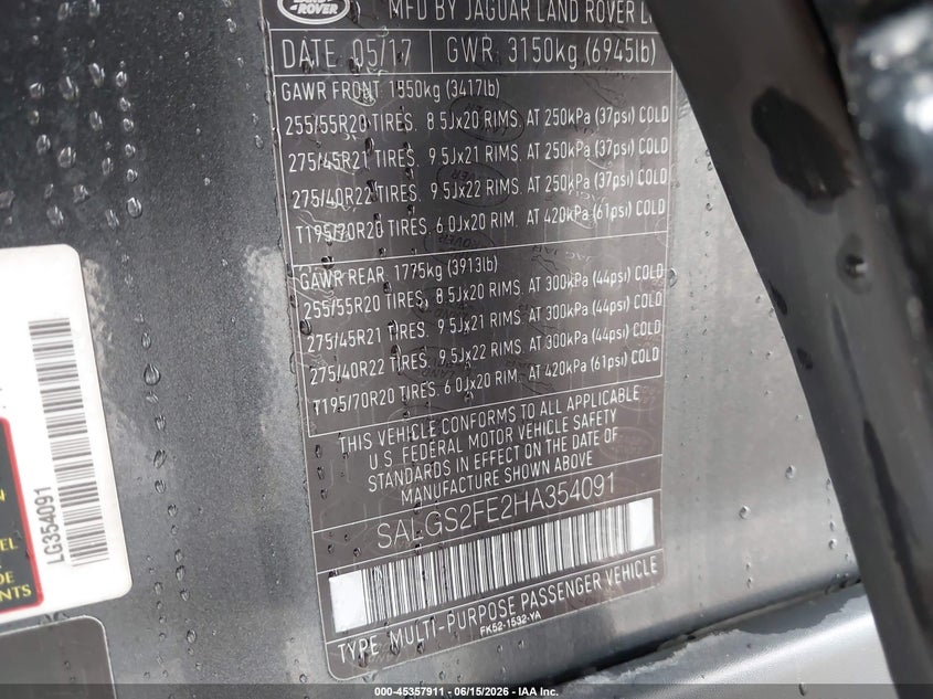 2017 Land rover RANGE ROVER VIN SALGS2FE2HA354091 IAAI salvage auction — ENGINE DAMAGE, Salvage Title, sold $3,000 on 2026-09-08 (photo 9)