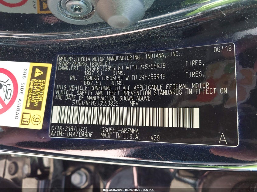 2018 Toyota Highlander VIN 5TDJZRFH2JS553825 IAAI salvage auction — FRONT END, Salvage (Ohio), sold $9,250 on 2026-07-09 (photo 9)