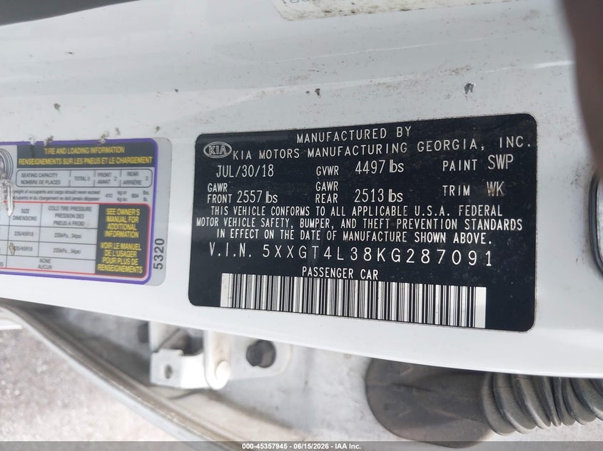 2019 Kia Optima VIN 5XXGT4L38KG287091 IAAI salvage auction — FRONT END, Salvage (Tennessee), sold $600 on 2026-07-14 (photo 9)