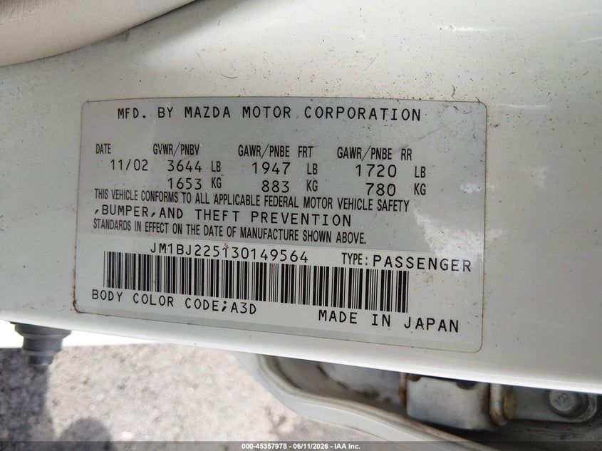 2003 Mazda Protege VIN JM1BJ225130149564 IAAI salvage auction — REAR END, Salvage (Illinois), sold $350 on 2026-07-14 (photo 9)