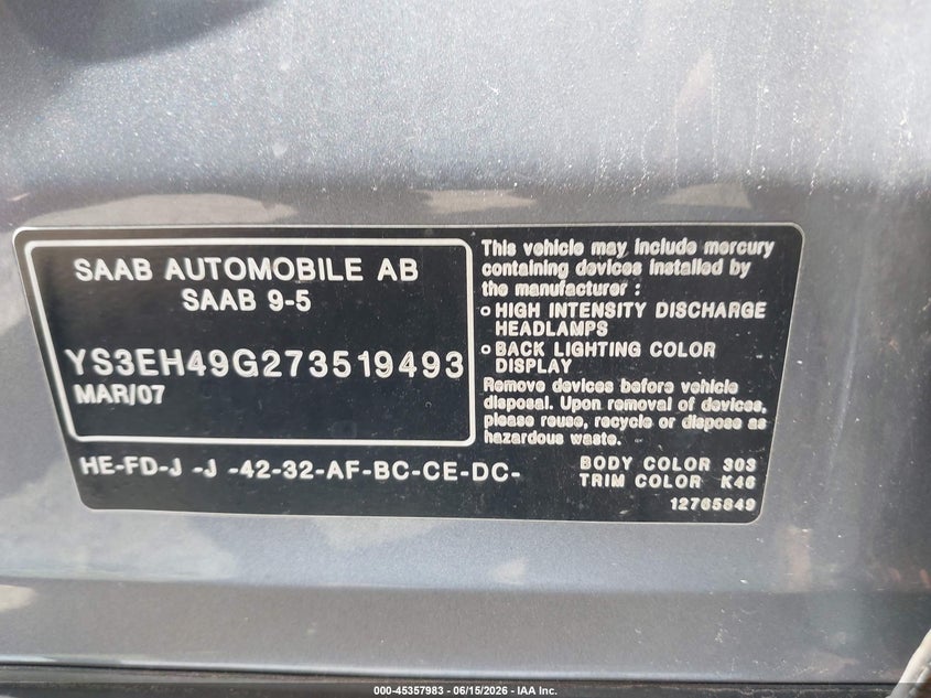 2007 Saab 9-5 VIN YS3EH49G273519493 IAAI salvage auction — LEFT SIDE, Clear (Indiana), sold $350 on 2026-07-28 (photo 9)