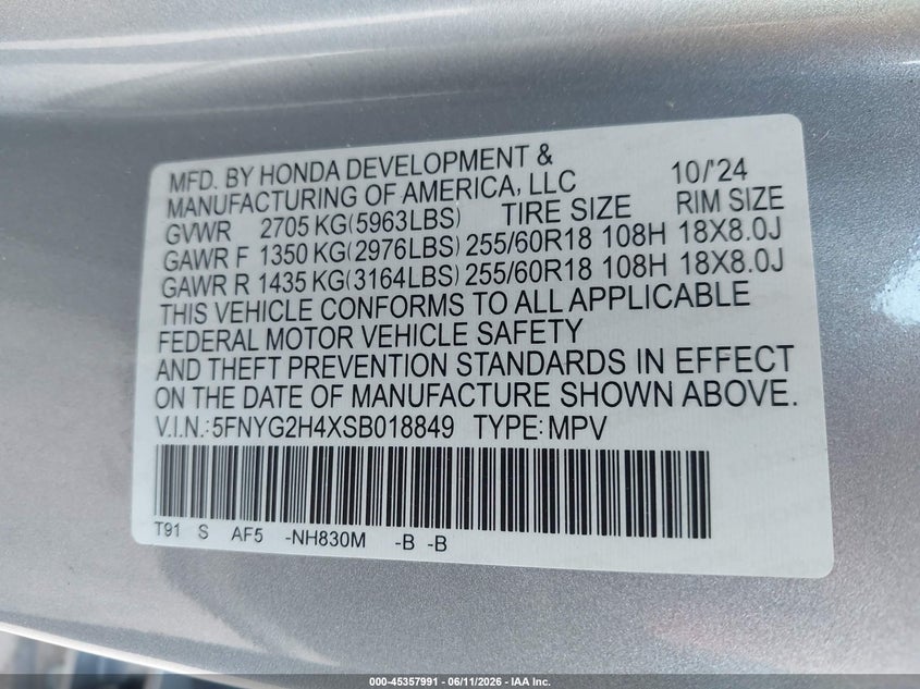 2025 Honda Pilot VIN 5FNYG2H4XSB018849 IAAI salvage auction — LEFT SIDE, Rebuildable (Florida), sold $12,500 on 2026-07-30 (photo 9)