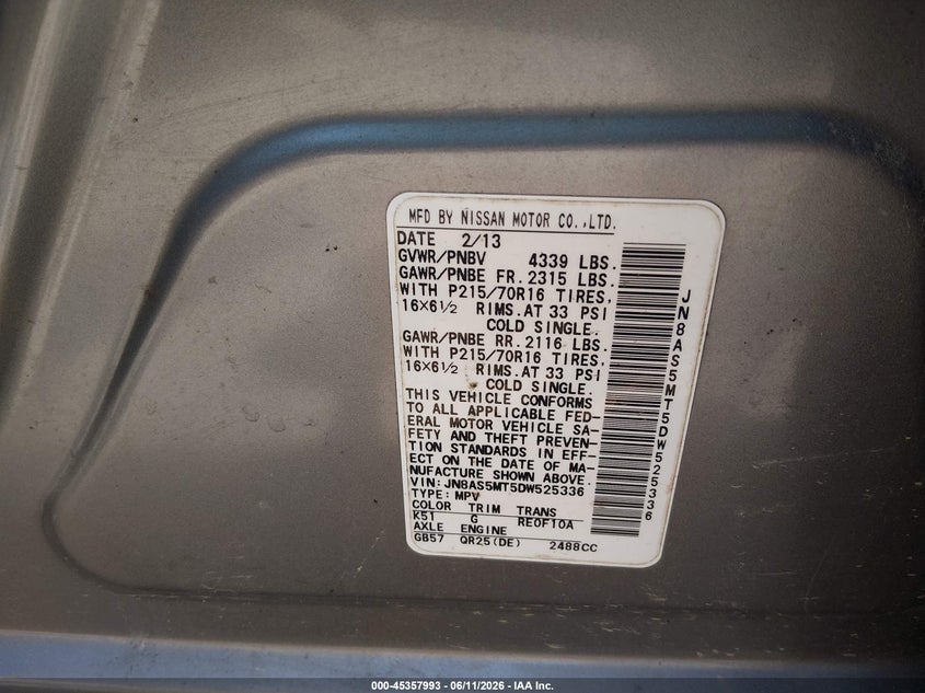 2013 Nissan Rogue VIN JN8AS5MT5DW525336 IAAI salvage auction — LEFT FRONT, Clear (Virginia), sold $200 on 2026-07-24 (photo 9)