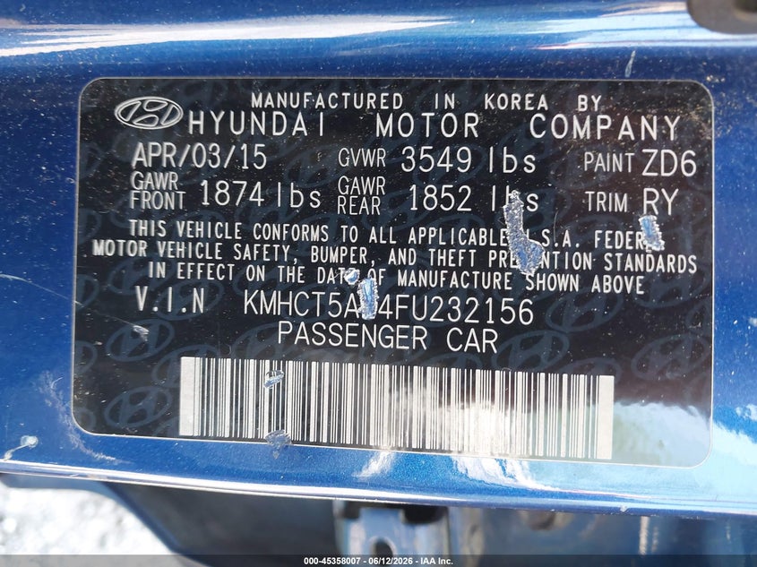 2015 Hyundai Accent VIN KMHCT5AE4FU232156 IAAI salvage auction — FRONT END, Salvage (South Carolina), sold $500 on 2026-07-29 (photo 9)