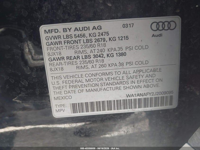 2018 Audi Q5 VIN WA1ANAFY2J2009095 IAAI salvage auction — FRONT END, Salvage Title, sold $5,300 on 2026-07-17 (photo 9)