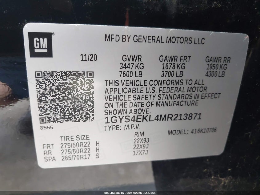 2021 Cadillac Escalade VIN 1GYS4EKL4MR213871 IAAI salvage auction — THEFT, Salvage Title, sold $33,350 on 2026-07-30 (photo 9)