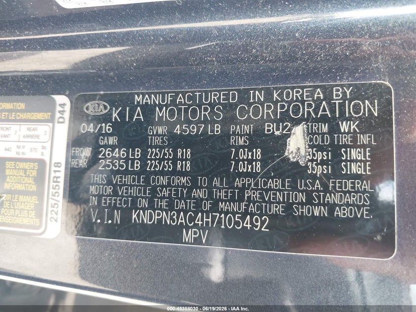 2017 Kia Sportage VIN KNDPN3AC4H7105492 IAAI salvage auction — FRONT END, Salvage (Virginia), sold $3,750 on 2026-07-14 (photo 9)