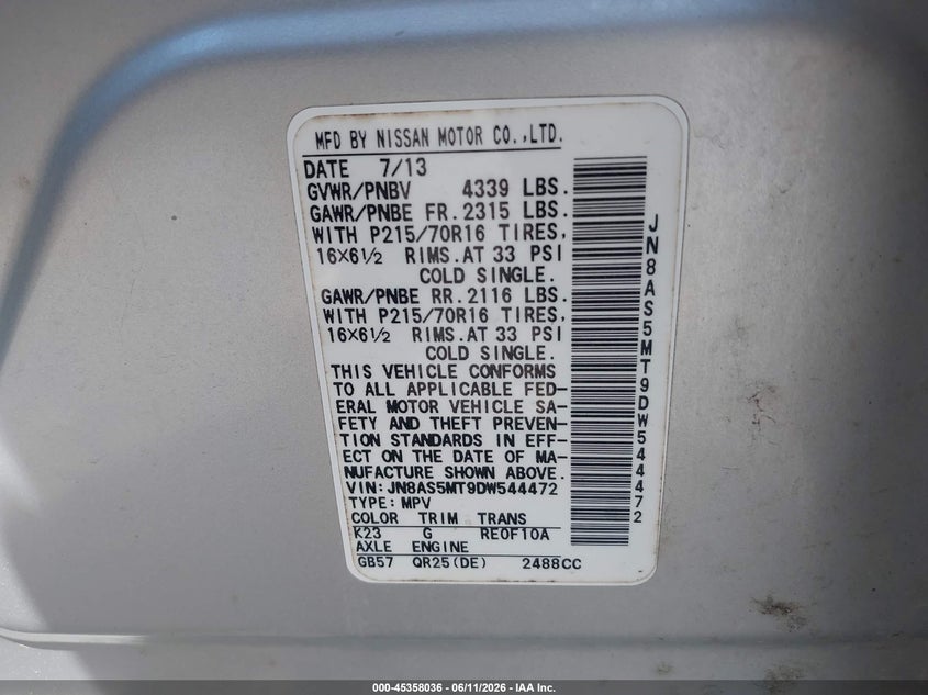 2013 Nissan Rogue VIN JN8AS5MT9DW544472 IAAI salvage auction — REAR END, Salvage (Arkansas), sold $425 on 2026-07-22 (photo 9)