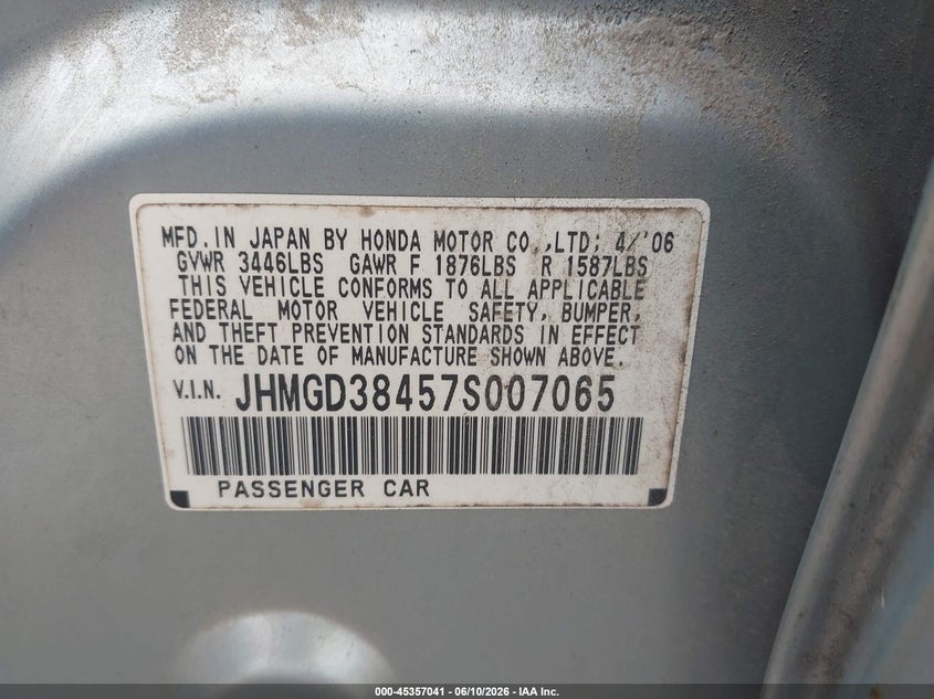 2007 Honda Fit VIN JHMGD38457S007065 IAAI salvage auction — FRONT END, Salvage (North Carolina), sold $400 on 2026-07-09 (photo 9)