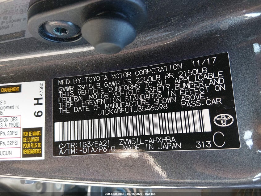2018 Toyota Prius VIN JTDKARFU1J3546598 IAAI salvage auction — LEFT FRONT, Salvage (Kentucky), sold $4,550 on 2026-07-22 (photo 9)