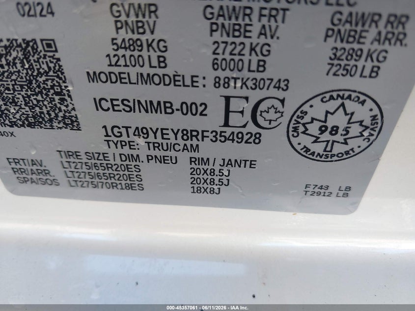 2024 Gmc SIERRA VIN 1GT49YEY8RF354928 IAAI salvage auction — FRONT END, Salvage (South Carolina), sold $40,850 on 2026-08-07 (photo 8)