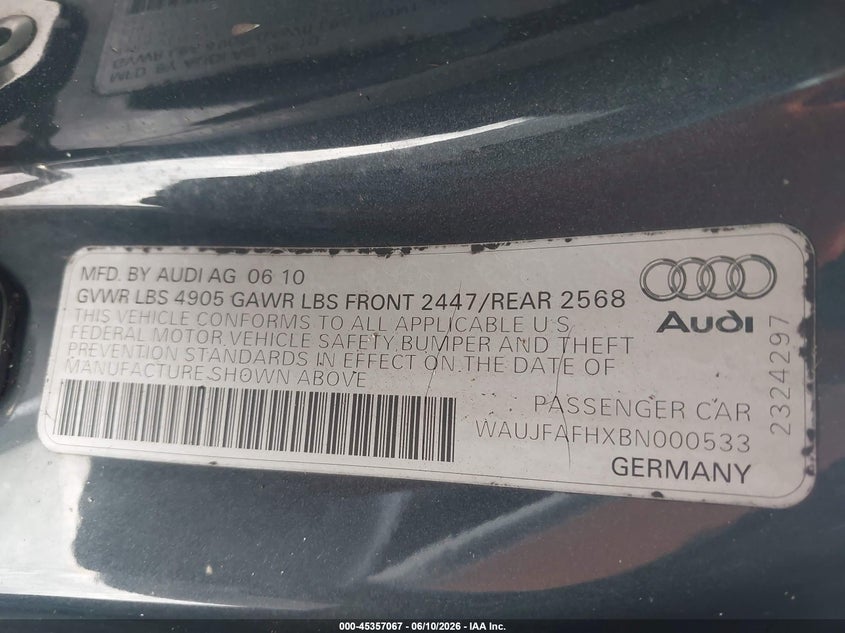 2011 Audi A5 VIN WAUJFAFHXBN000533 IAAI salvage auction — NORMAL WEAR, Clear (Florida), sold $475 on 2026-07-09 (photo 9)