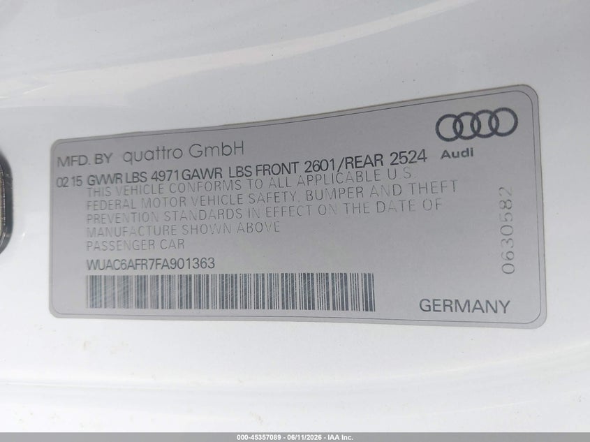 2015 Audi Rs5 VIN WUAC6AFR7FA901363 IAAI salvage auction — FRONT END, Salvage Title, sold $3,550 on 2026-08-19 (photo 9)