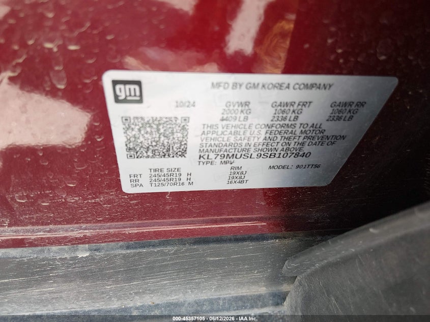 2025 Chevrolet Trailblazer VIN KL79MUSL9SB107840 IAAI salvage auction — HAIL, Salvage (Minnesota), sold $13,800 on 2026-07-20 (photo 9)