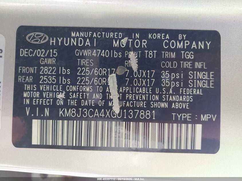 2016 Hyundai Tucson VIN KM8J3CA4XGU137881 IAAI salvage auction — THEFT, Salvage Title, sold $700 on 2026-07-30 (photo 9)