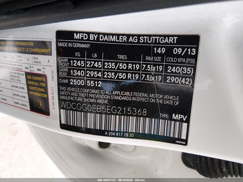 2014 Mercedes-benz VIN WDCGG0EB5EG215368 IAAI salvage auction — FRONT END, Clear (New Jersey), sold $2,250 on 2026-07-27 (photo 9)