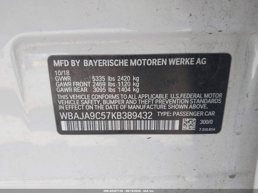 2019 BMW 5er VIN WBAJA9C57KB389432 IAAI salvage auction — NORMAL WEAR, Salvage (California), sold $3,250 on 2026-07-14 (photo 9)