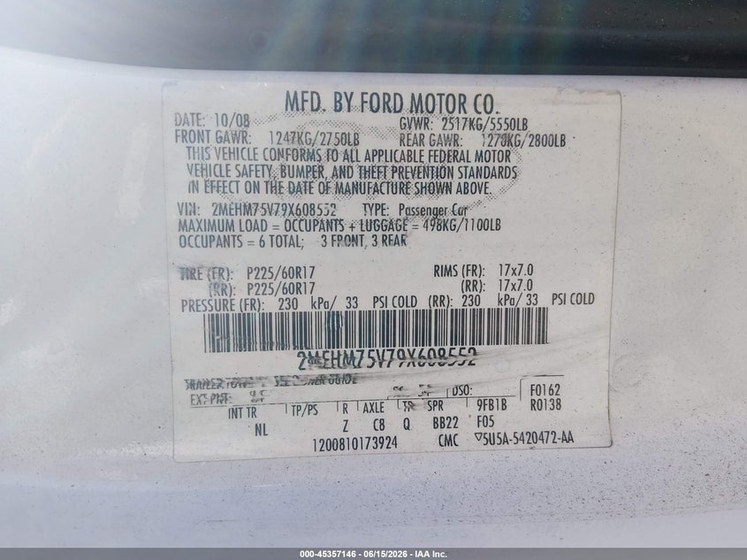 2009 Mercury Grand marquis VIN 2MEHM75V79X608552 IAAI salvage auction — SIDE, Salvage (South Carolina), sold $825 on 2026-07-19 (photo 9)