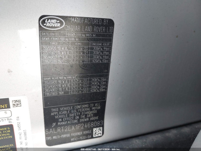 2023 Land rover Discovery VIN SALRT2EX1P2468083 IAAI salvage auction — FRONT END, Salvage (Pennsylvania), sold $13,300 on 2026-07-24 (photo 9)