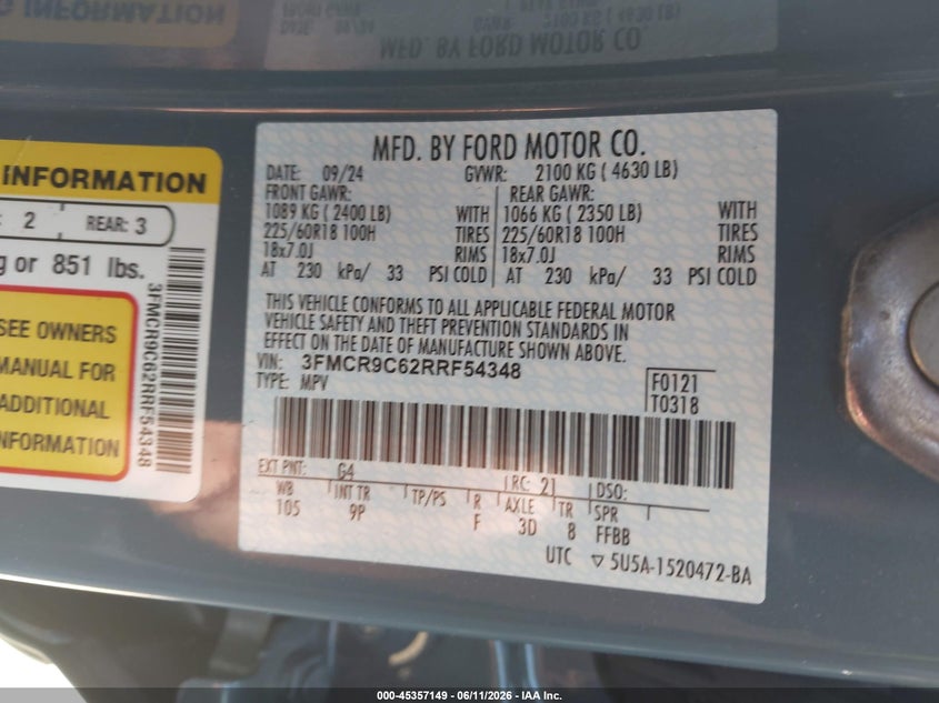 2024 Ford Bronco sport VIN 3FMCR9C62RRF54348 IAAI salvage auction — FRONT END, Salvage (North Carolina), sold $4,900 on 2026-07-09 (photo 9)