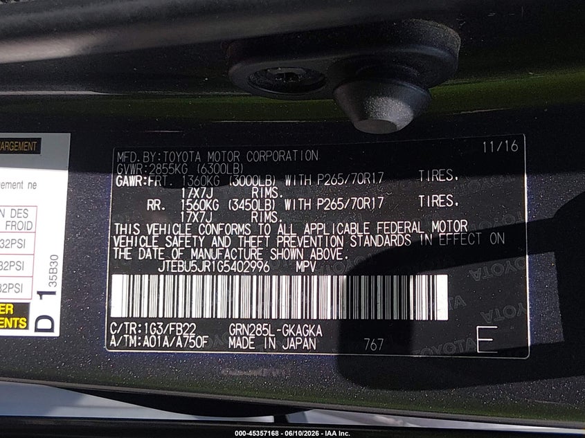 2016 Toyota 4runner VIN JTEBU5JR1G5402996 IAAI salvage auction — FRONT END, Salvage (Illinois), sold $7,600 on 2026-07-25 (photo 9)
