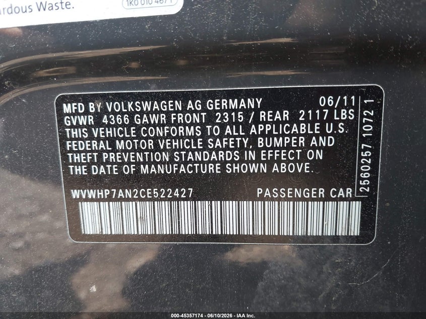 2012 Volkswagen Passat cc VIN WVWHP7AN2CE522427 IAAI salvage auction — NORMAL WEAR, Clear (New Jersey), sold $825 on 2026-08-19 (photo 9)