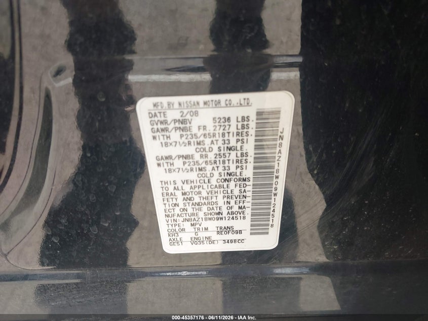 2009 Nissan Murano VIN JN8AZ18W09W124518 IAAI salvage auction — FRONT END, Clear (Indiana), sold $25 on 2026-07-10 (photo 9)