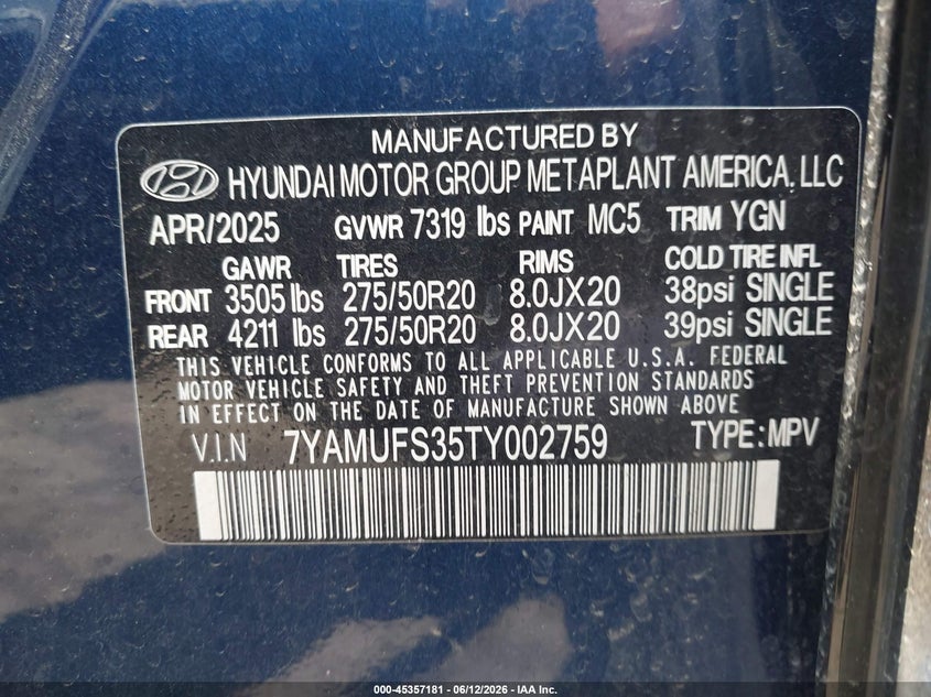 2026 Hyundai Ioniq 9 VIN 7YAMUFS35TY002759 IAAI salvage auction — SIDE, Salvage Title, sold $20,550 on 2026-07-16 (photo 9)