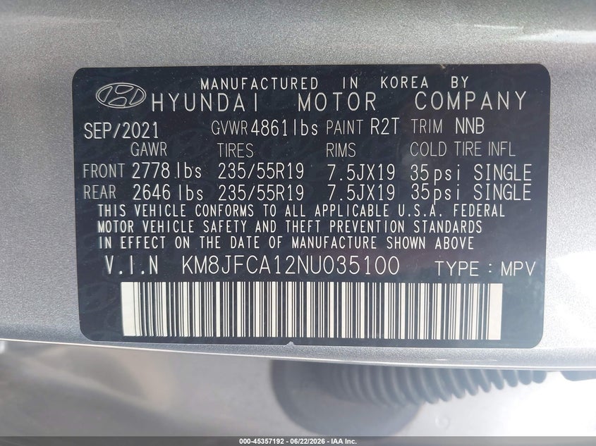 2022 Hyundai VIN KM8JFCA12NU035100 IAAI salvage auction — ENGINE DAMAGE, Salvage (Tennessee), sold $8,700 on 2026-07-22 (photo 9)