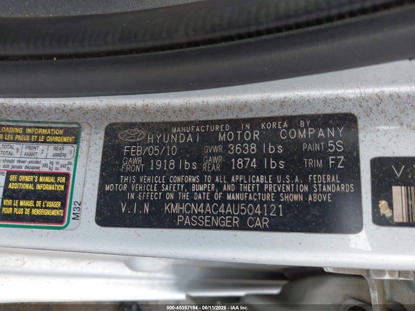 2010 Hyundai Accent VIN KMHCN4AC4AU504121 IAAI salvage auction — FRONT END, Salvage (Pennsylvania), sold $25 on 2026-07-21 (photo 9)