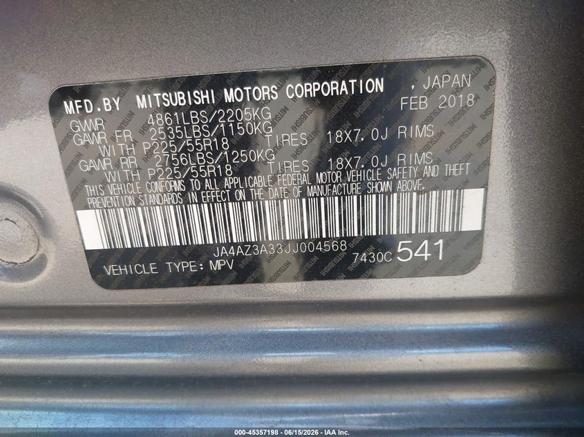 2018 Mitsubishi Outlander VIN JA4AZ3A33JJ004568 IAAI salvage auction — FRONT END, Salvage Title, sold $3,300 on 2026-07-30 (photo 9)