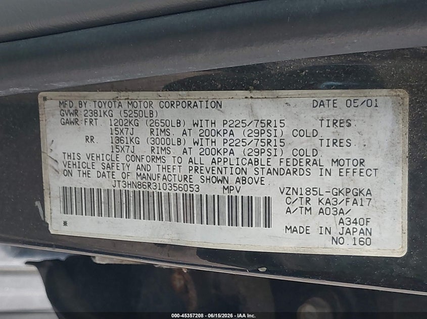 2001 Toyota 4runner VIN JT3HN86R310356053 IAAI salvage auction — NORMAL WEAR, Clear (New Jersey), sold $1,325 on 2026-07-13 (photo 9)