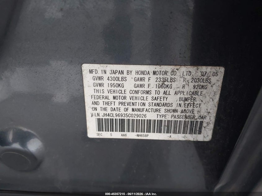 2005 Acura Tsx VIN JH4CL96935C029026 IAAI salvage auction — RIGHT SIDE, Rebuildable (Florida), sold $325 on 2026-07-08 (photo 9)