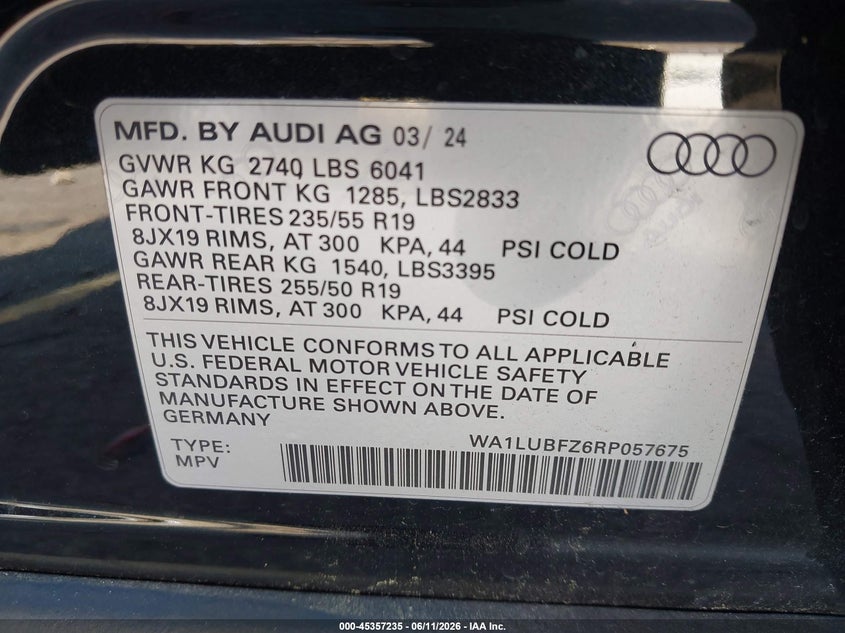2024 Audi Q4 e-tron VIN WA1LUBFZ6RP057675 IAAI salvage auction — FRONT END, Wait Title, sold $8,850 on 2026-08-29 (photo 9)