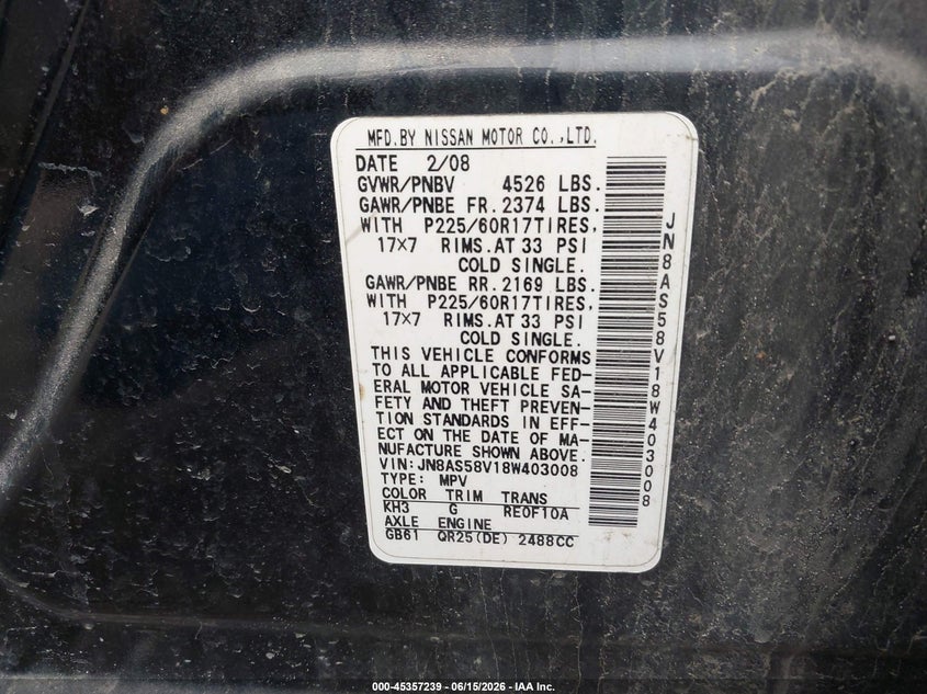 2008 Nissan Rogue VIN JN8AS58V18W403008 IAAI salvage auction — SIDE, Mv-907A (New York), sold $25 on 2026-07-16 (photo 9)
