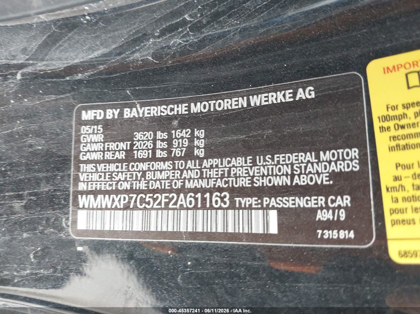 2015 Mini Hard top VIN WMWXP7C52F2A61163 IAAI salvage auction — LEFT SIDE, Salvage (Tennessee), sold $1,325 on 2026-07-29 (photo 9)