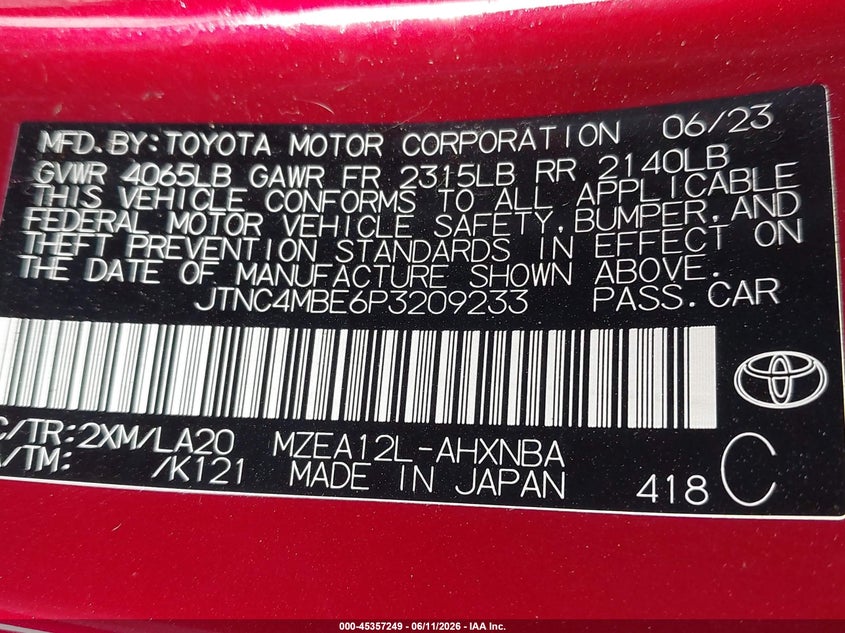 2023 Toyota Corolla VIN JTNC4MBE6P3209233 IAAI salvage auction — FRONT & REAR, Salvage Title, sold $2,550 on 2026-07-29 (photo 9)