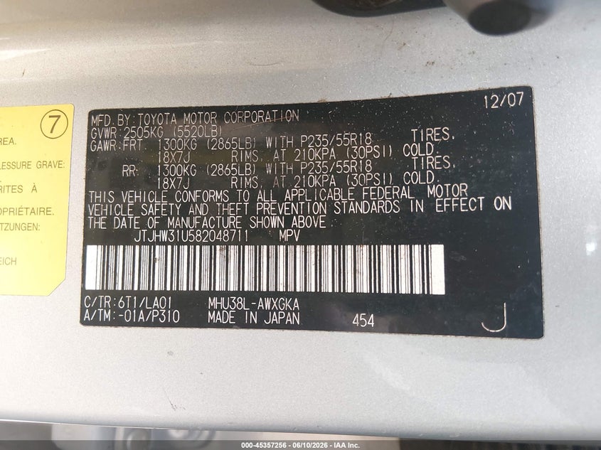 2008 Lexus Rx 400h VIN JTJHW31U582048711 IAAI salvage auction — NORMAL WEAR, Clear (Montana), sold $1,350 on 2026-07-29 (photo 9)