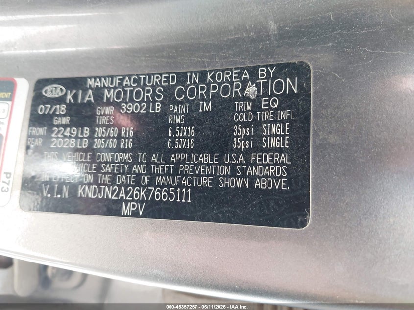 2019 Kia Soul VIN KNDJN2A26K7665111 IAAI salvage auction — NORMAL WEAR, Clear (Virginia), sold $850 on 2026-07-10 (photo 9)